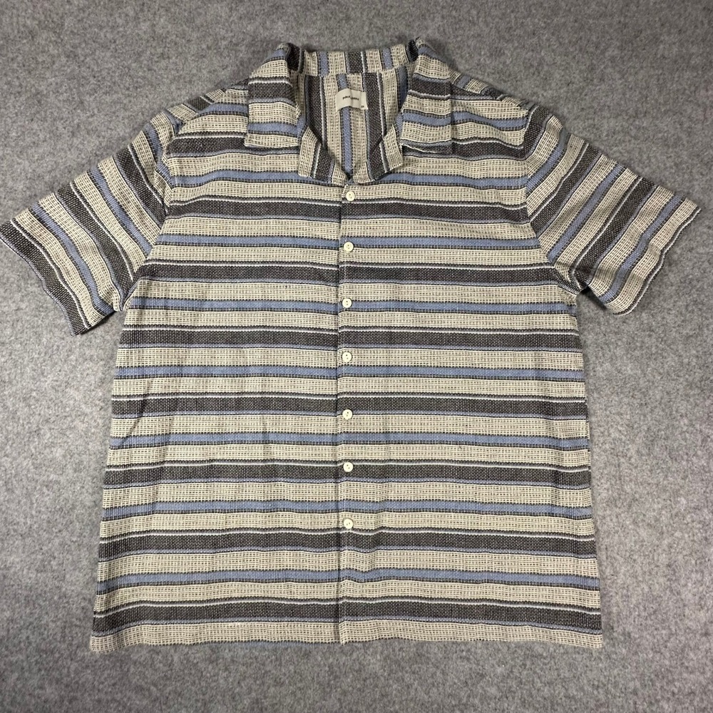 Public Supply Button Up Shirt Mens 2XL Blue Striped Textured Cotton Short Sleeve